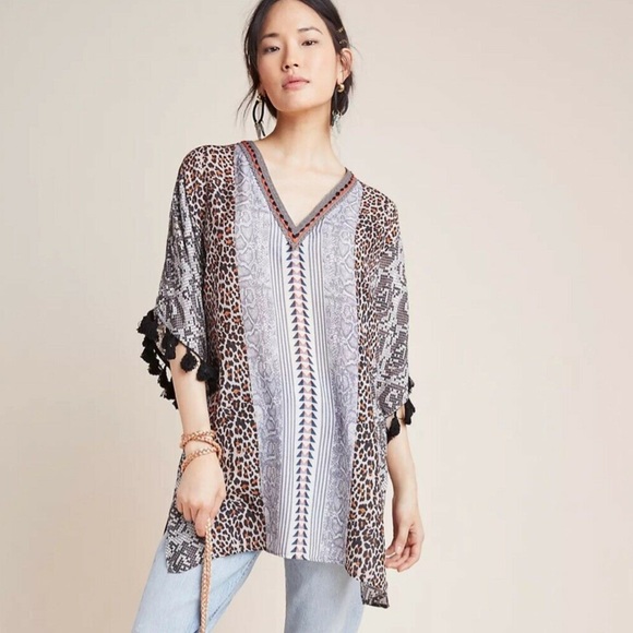 Anthropologie {*Conditions Apply} Luca Tasseled Tunic Snakeskin Leopard Top - Picture 1 of 9